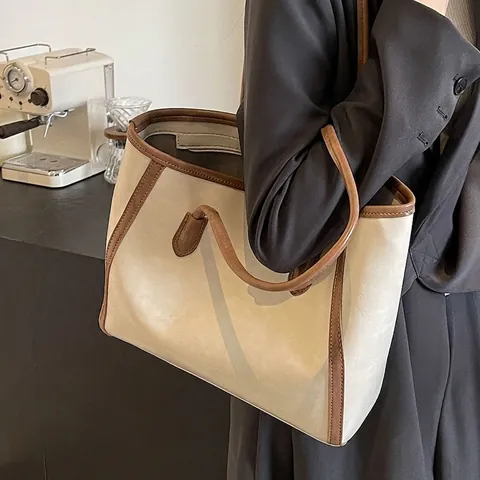 Bolso Tote Vintage De Gran Capacidad Cuero PU Color De Contraste Bolso De Hombro Para Mujer Viaje Universidad Elegante