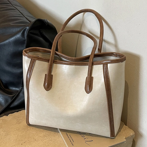 Bolso Tote Vintage De Gran Capacidad Cuero PU Color De Contraste Bolso De Hombro Para Mujer Viaje Universidad Elegante