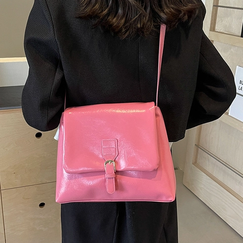 Retro Damen Umhängetasche Große Kapazität Glänzendes PU Leder Vintage Klappe Crossbody Tasche Schule Pendeln Trendy