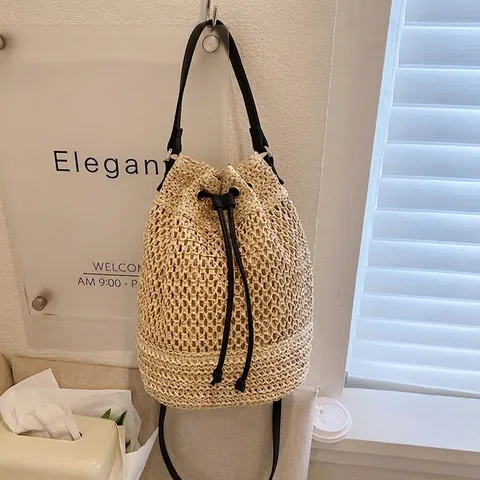 Borsa Secchiello Paglia Intrecciata Coulisse Rete Vuota Vacanze Mare Borsa Tracolla Mano Per Donne Estate Casual Elegante