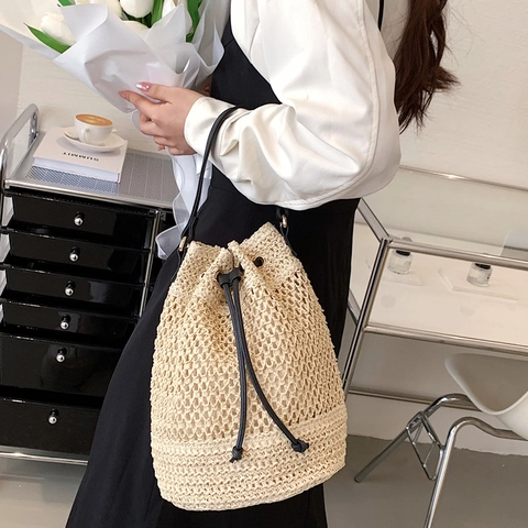 Borsa Secchiello Paglia Intrecciata Coulisse Rete Vuota Vacanze Mare Borsa Tracolla Mano Per Donne Estate Casual Elegante