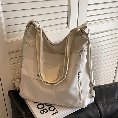 Grand Sac Cabas Femme Multi Poches Nylon Toile Navette Sac À Épaule Bandoulière Sangle Réglable Style Décontracté Chic