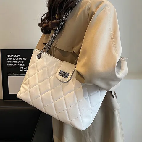 Gesteppte Rauten Tote Tasche Große Kapazität PU Leder Schulterhandtasche Mit Kettengurt Drehverschluss Mode Für Damen