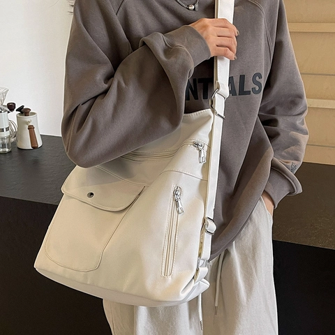 Grand Sac Cabas Femme Multi Poches Nylon Toile Navette Sac À Épaule Bandoulière Sangle Réglable Style Décontracté Chic