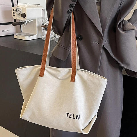 Große Kapazität Segeltuch Tragetasche Für Damen Mit Kunstledergriffen Minimalistische Schultertasche Für Das Pendeln