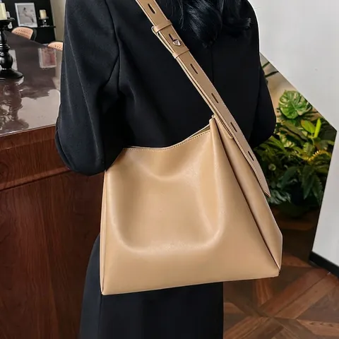 Minimalist Retro PU Leather Large Capacity Tote Bag And Pouch For Women Versatile Shoulder Crossbody Handbag Wide Strap