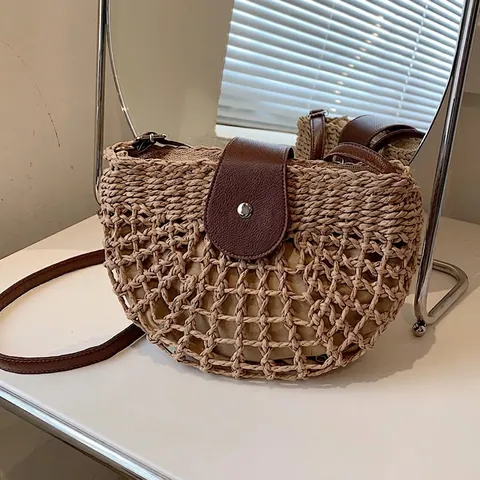 Borsa Spalla Paglia Intrecciata Donna Svuotata Mezzaluna Patta PU Tracolla Regolabile Stile Spiaggia Casual