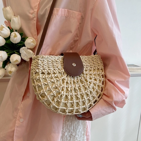Borsa Spalla Paglia Intrecciata Donna Svuotata Mezzaluna Patta PU Tracolla Regolabile Stile Spiaggia Casual
