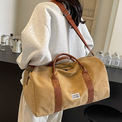 Large Capacity Canvas Travel Bag Retro Boston Handbag For Women With PU Leather Straps And Adjustable Shoulder Belt