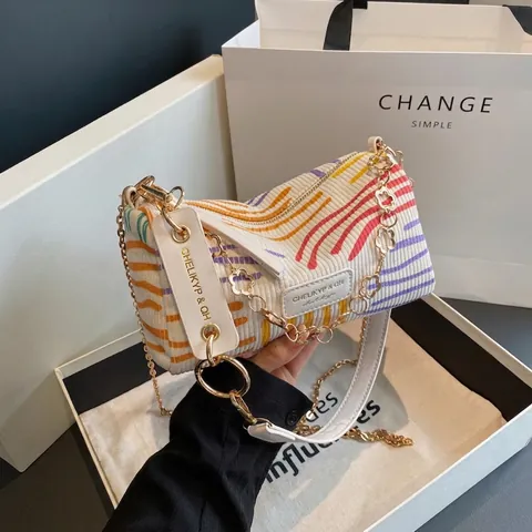 Corduroy Multicolored Wavy Stripes Cylinder Barrel Bag Gold Flower Chain Chic Urban Versatile Crossbody Bag For Women