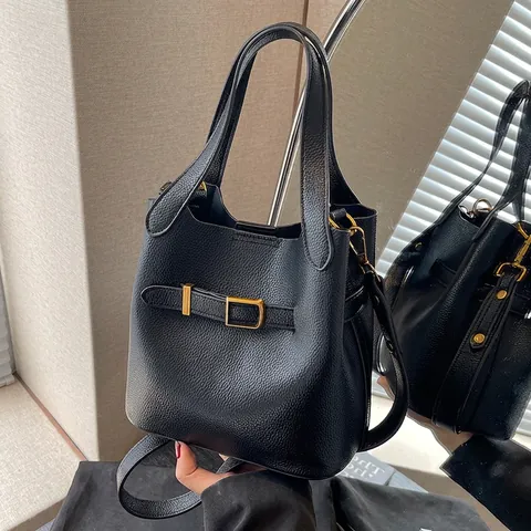 Women Pebbled PU Leather Bucket Bag Minimalist Crossbody Handbag With Gold Buckle Decor Double Handles Adjustable Strap