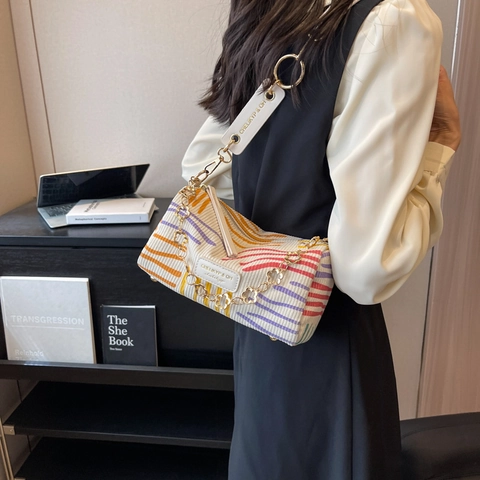 Corduroy Multicolored Wavy Stripes Cylinder Barrel Bag Gold Flower Chain Chic Urban Versatile Crossbody Bag For Women