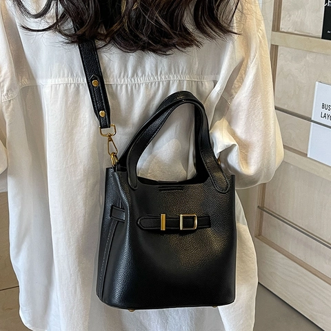 Women Pebbled PU Leather Bucket Bag Minimalist Crossbody Handbag With Gold Buckle Decor Double Handles Adjustable Strap
