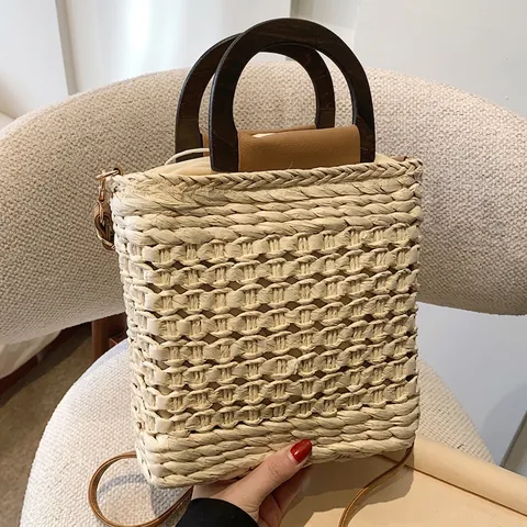 Stroh Gewebte Tasche Holzgriff PU Lederriemen Kordelzug Sommer Strand Urlaub Umhängetasche Für Frauen Retro