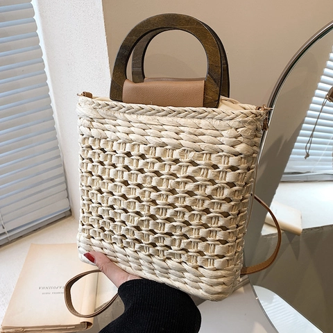 Stroh Gewebte Tasche Holzgriff PU Lederriemen Kordelzug Sommer Strand Urlaub Umhängetasche Für Frauen Retro