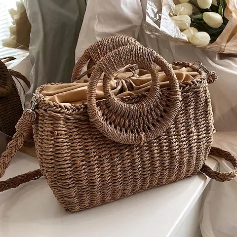 Damen Große Kapazität Strohgewebte Tragetasche Handgemachte Sommer Strand Urlaub Handtasche Mit Rundem Griff Kordelzug Tasche