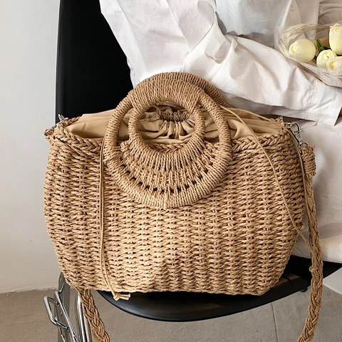 Damen Große Kapazität Strohgewebte Tragetasche Handgemachte Sommer Strand Urlaub Handtasche Mit Rundem Griff Kordelzug Tasche