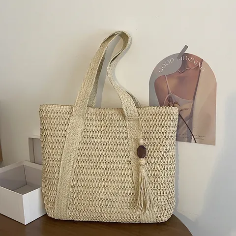 Straw Woven Tote Bag Summer Beach Shoulder Handbag With Tassel Wood Beads Large Capacity For Women Vacation