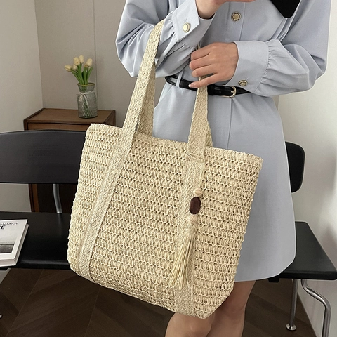 Straw Woven Tote Bag Summer Beach Shoulder Handbag With Tassel Wood Beads Large Capacity For Women Vacation