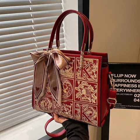 Vintage Rote PU Leder Handtasche Mit Goldener Stickerei Große Tote Für Hochzeit Mit Satinnschal