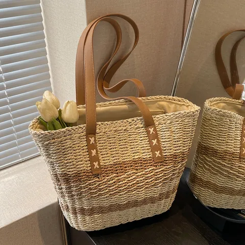 Großer Stroh-Shopper Gewebte Gestreifte Strandtasche Urlaub Schultertasche Mit Ledergriff Für Damen Sommer Lässig