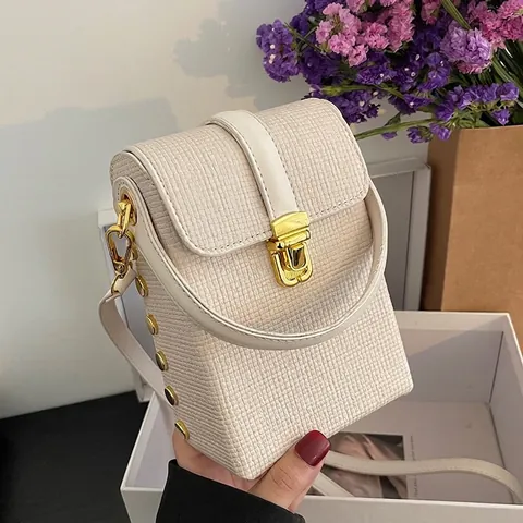 Mini Bolso Bandolera Para Mujer Teléfono Cuero PU Texturizado Cierre Dorado Remache Cuadrado Vertical Moda