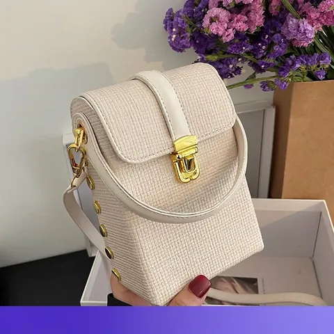 Women Mini Crossbody Phone Bag PU Leather Textured Gold Lock Rivet Vertical Square Fashion Handbag