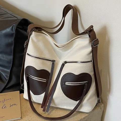 Borsa Tote In Tela Di Grande Capacità Con Tasche A Cuore Zaino Borsa A Spalla Multiuso Casual Per Donna