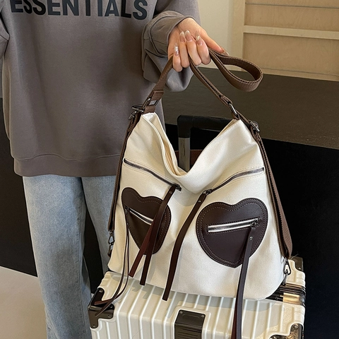 Borsa Tote In Tela Di Grande Capacità Con Tasche A Cuore Zaino Borsa A Spalla Multiuso Casual Per Donna