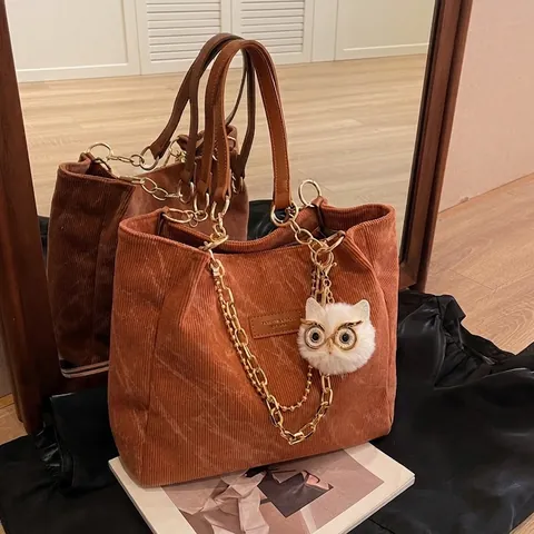 Corduroy Tote Tasche Damen Große Kapazität Schultertasche Mit Goldkette Eule Plüsch Anhänger Vintage Pendler Schule Mode