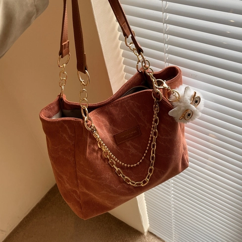 Corduroy Tote Tasche Damen Große Kapazität Schultertasche Mit Goldkette Eule Plüsch Anhänger Vintage Pendler Schule Mode