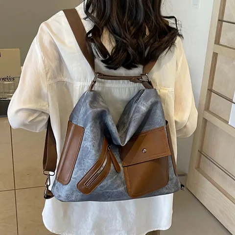 Zaino Borsa Tote Grande Capacità Donna Retrò Pelle PU E Tela Patchwork Tasche Multiple Funzionale Per Viaggio
