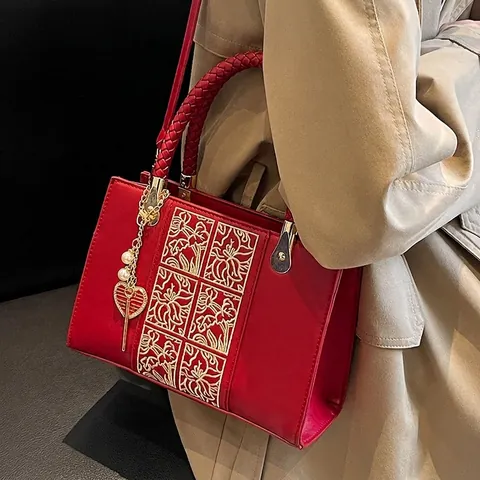 Women Retro Chinese Style Handbag PU Leather Gold Floral Embroidery Woven Handle Shoulder Crossbody Bag Wedding Party
