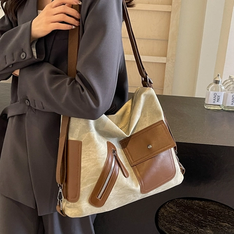 Zaino Borsa Tote Grande Capacità Donna Retrò Pelle PU E Tela Patchwork Tasche Multiple Funzionale Per Viaggio