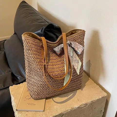 Woven Straw Tote Bag With Satin Scarf And Leather Strap Large Capacity Summer Beach Casual Shoulder Bag For Women