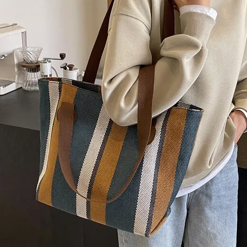 Grande Borsa Tote In Tela A Righe Borsa A Spalla Donna Retro Casual Borsa A Mano Per Scuola Lavoro Quotidiana