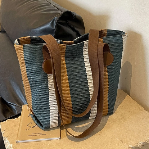 Grande Borsa Tote In Tela A Righe Borsa A Spalla Donna Retro Casual Borsa A Mano Per Scuola Lavoro Quotidiana