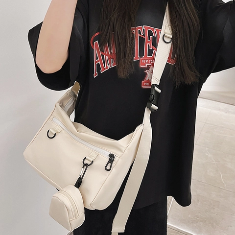 Large Capacity Nylon Messenger Crossbody Shoulder Bag With Detachable Mini Round Pouch Functional Style For Women