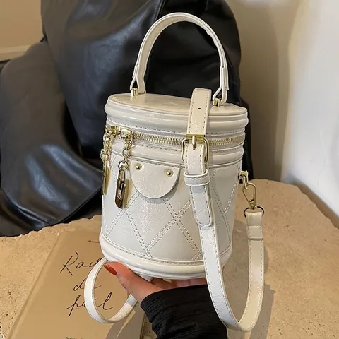 Sac Seau Cylindrique Matelassé Cuir PU Motif Losanges Pendentif Cadenas Doré Sac À Main Bandoulière Pour Femme Style Rétro