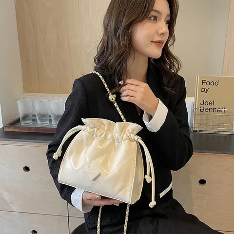 Quilted PU Leather Bucket Bag Korean Style Drawstring Closure Gold Chain Strap Adjustable Metal Ball Elegant Accessory