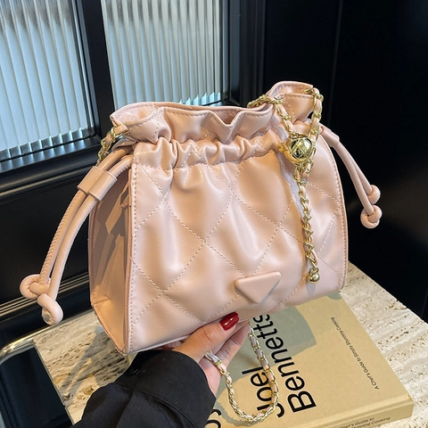 Quilted PU Leather Bucket Bag Korean Style Drawstring Closure Gold Chain Strap Adjustable Metal Ball Elegant Accessory