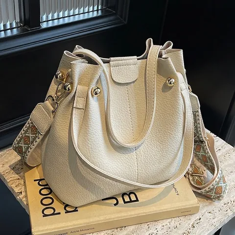Damen Beuteltasche Lychee Muster PU Leder Breiter Gemusterter Schultergurt Retro Vielseitige Handtasche Umhängetasche
