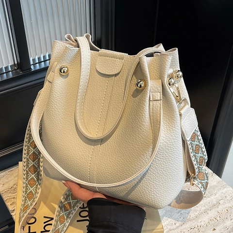 Damen Beuteltasche Lychee Muster PU Leder Breiter Gemusterter Schultergurt Retro Vielseitige Handtasche Umhängetasche