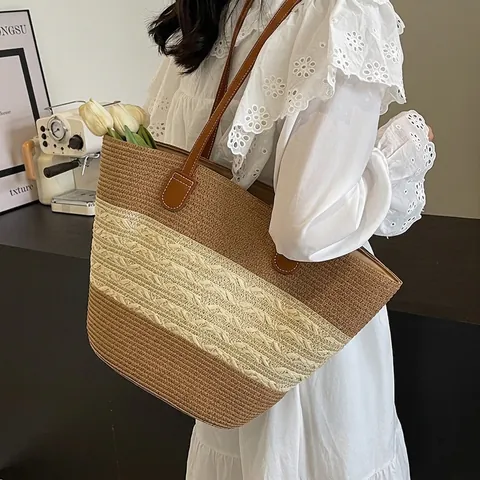 Grote Capaciteit Geweven Stro Tote Bag Gestreepte Strand Handtas Met Leren Handvaten Retro Casual Voor Dames
