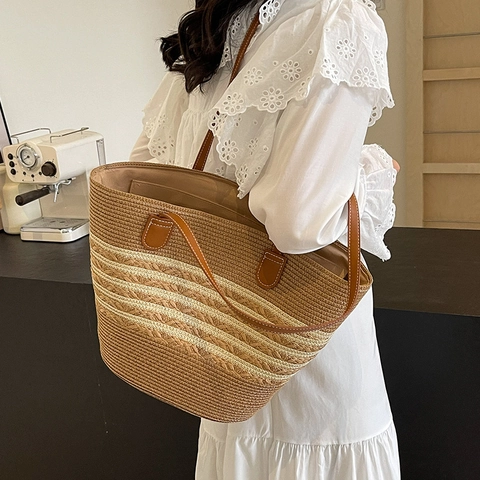 Grote Capaciteit Geweven Stro Tote Bag Gestreepte Strand Handtas Met Leren Handvaten Retro Casual Voor Dames