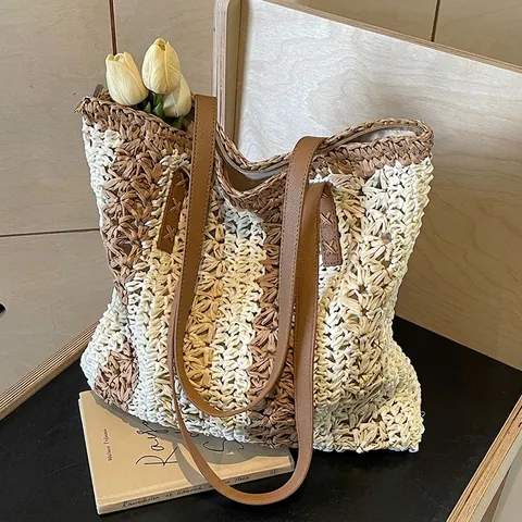 Borsa Tote In Paglia Intrecciata Da Donna Grande Capacità A Righe Borsa Da Spiaggia Vacanze A Tracolla Con Manici In Pelle
