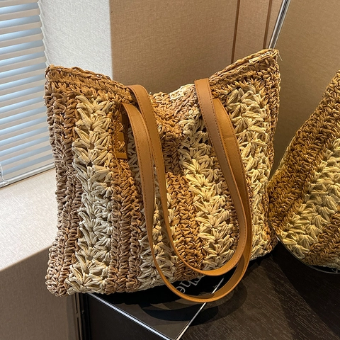 Borsa Tote In Paglia Intrecciata Da Donna Grande Capacità A Righe Borsa Da Spiaggia Vacanze A Tracolla Con Manici In Pelle