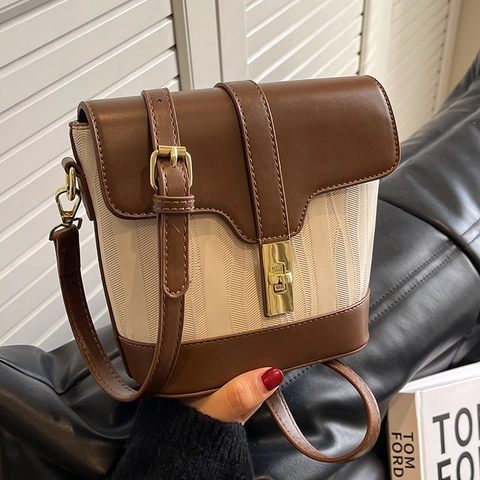 Borsa A Tracolla Secchiello Patchwork Retrò Donna Pelle PU Tessuto Texturizzato Colore A Contrasto Con Chiusura In Metallo