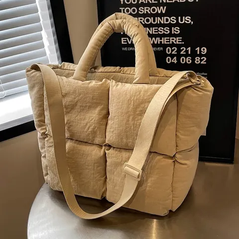 Women Quilted Puffer Tote Bag Large Capacity Padded Handbag Solid Color Adjustable Strap Casual Commuter Travel Bag