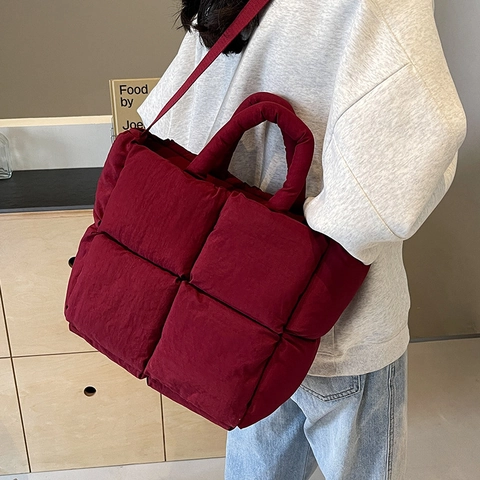 Women Quilted Puffer Tote Bag Large Capacity Padded Handbag Solid Color Adjustable Strap Casual Commuter Travel Bag